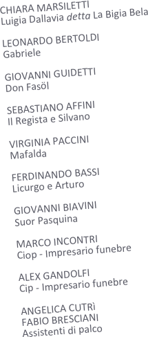 CHIARA MARSILETTI
Luigia Dallavia detta La Bigia Bela

LEONARDO BERTOLDI
Gabriele

GIOVANNI GUIDETTI
Don Fasöl

SEBASTIANO AFFINI
Il Regista e Silvano

VIRGINIA PACCINI
Mafalda

FERDINANDO BASSI
Licurgo e Arturo

GIOVANNI BIAVINI
Suor Pasquina

MARCO INCONTRI
Ciop - Impresario funebre

ALEX GANDOLFI
Cip - Impresario funebre

ANGELICA CUTRì
FABIO BRESCIANI
Assistenti di palco
